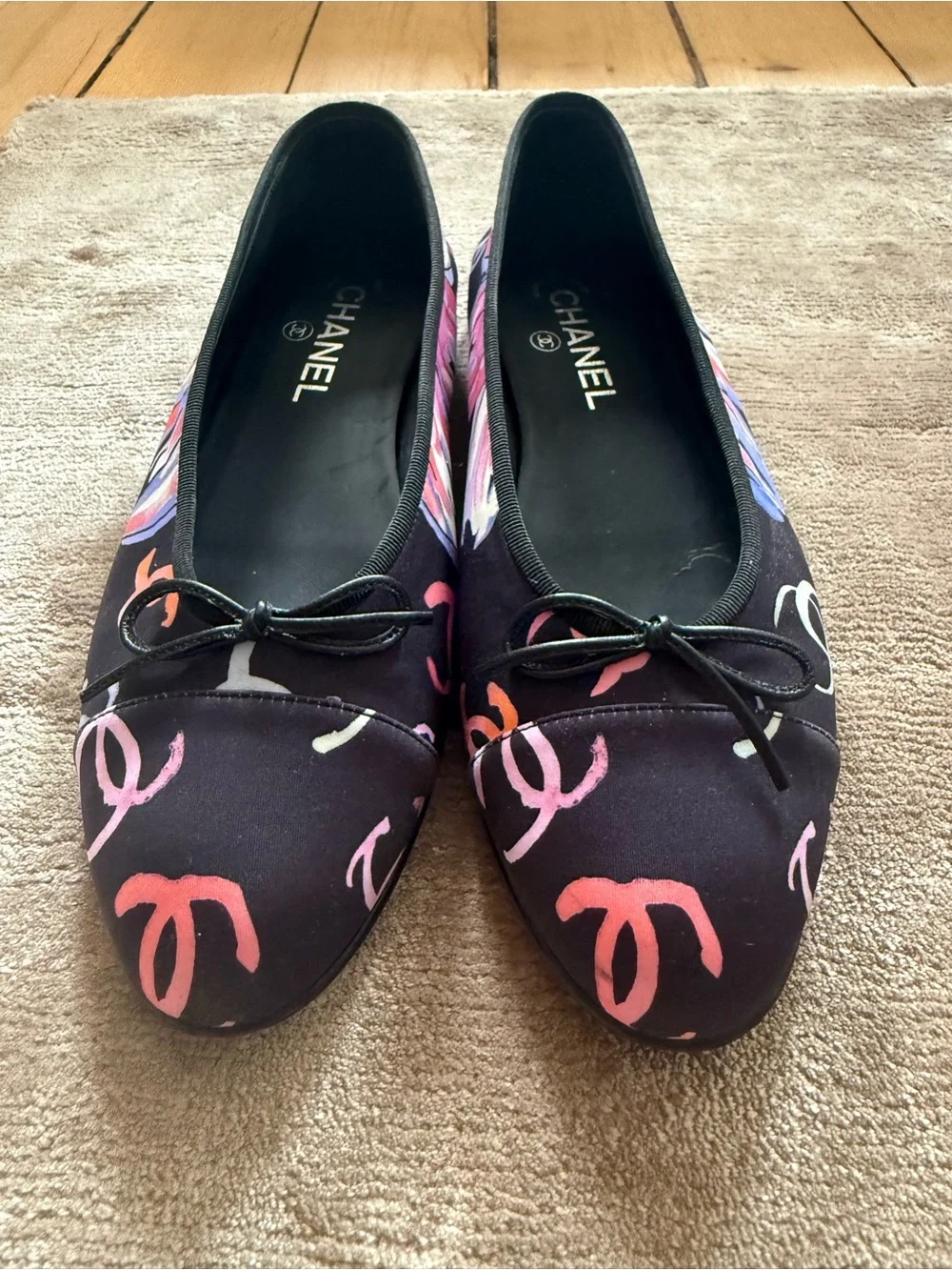 CHANEL Rare Black Floral Ballet Flats with Pink Accents